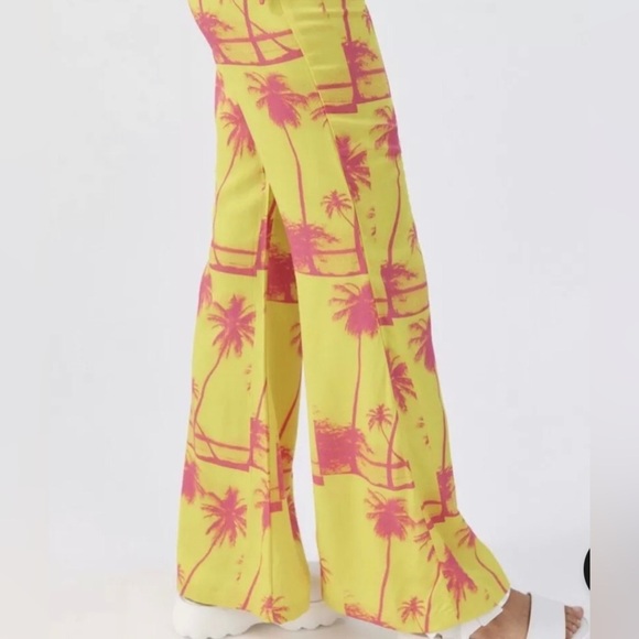 Urban Outfitters UO Sunny side‎ cutout yellow pink palm tree Flare Pants Size 10 - Picture 6 of 10